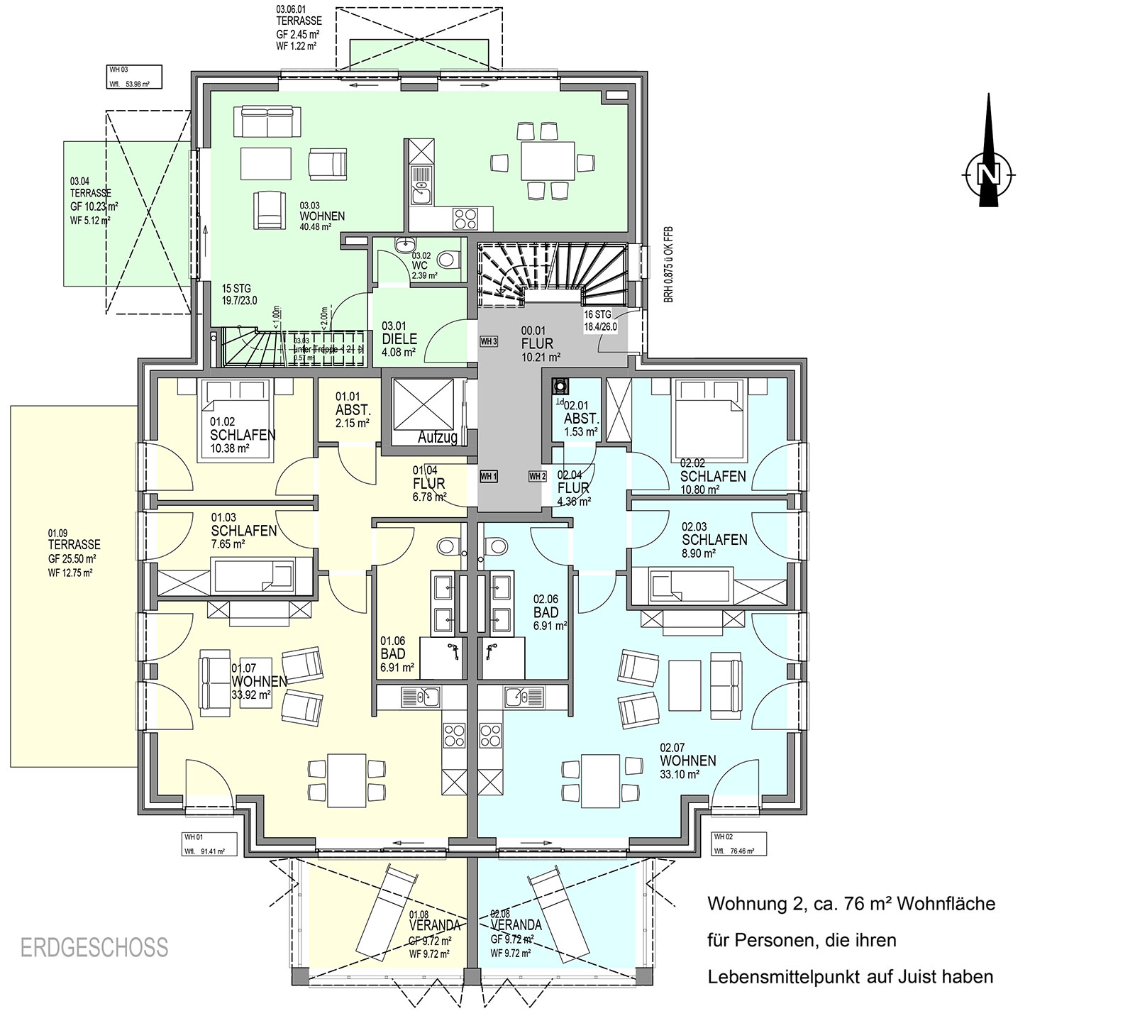 Grundriss Ferienanlage Billstr. 21, Juist, Whg. 2 rechts unten